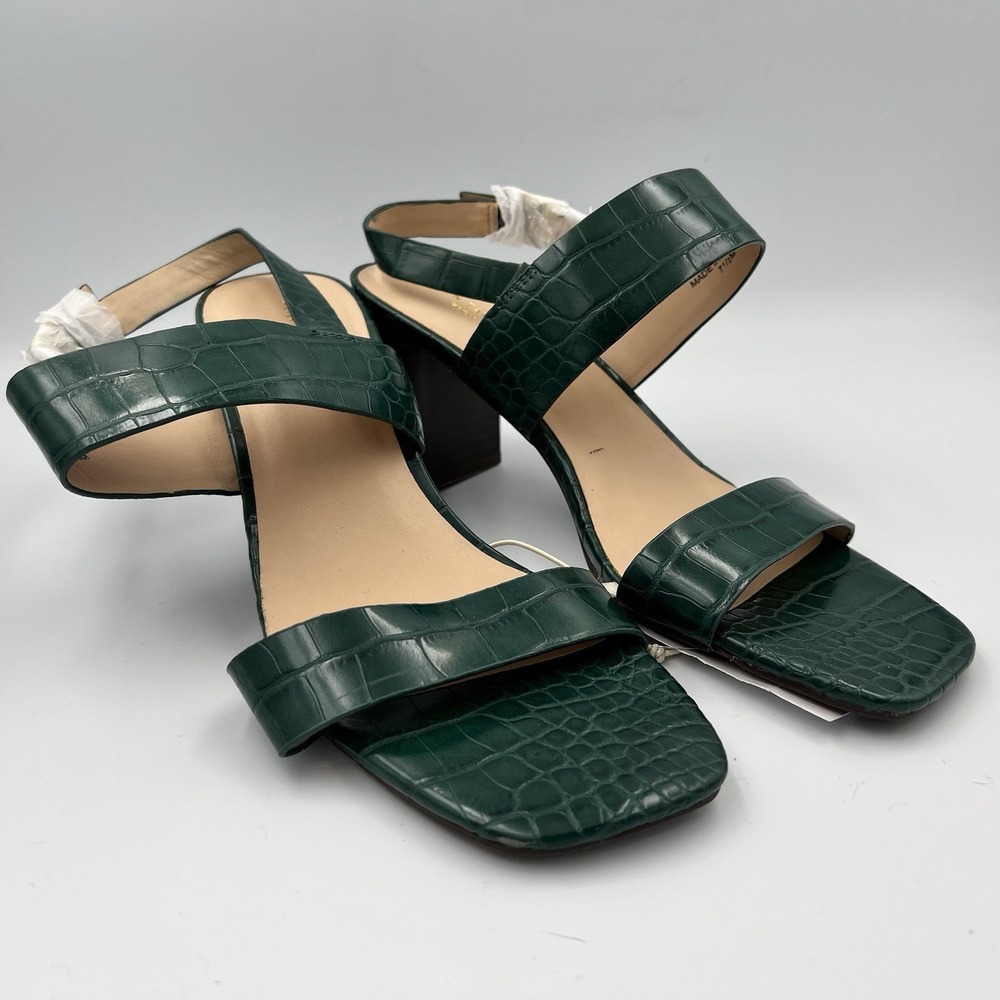 NEW! Ann Taylor Crocodile Embossed Double Strap Block HeeL Sandals Green‎ 7.5